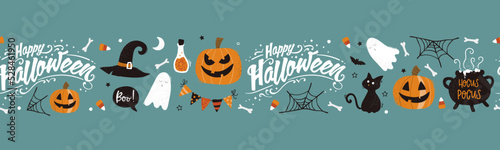 Fun hand drawn Halloween seamless pattern with cats, hats, bats and decoration - great for textiles, banners, wallpapers, wrapping - vector design