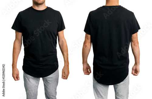man in black blank long fit t-shirt. front and back mockup template for design. isolated on white background