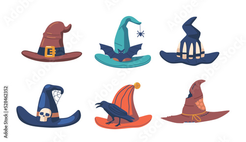 Set Of Witch Hats, Wizard Headwear, Traditional Magician Caps Decorated With Spider Web, Crow, Bat Or Skull
