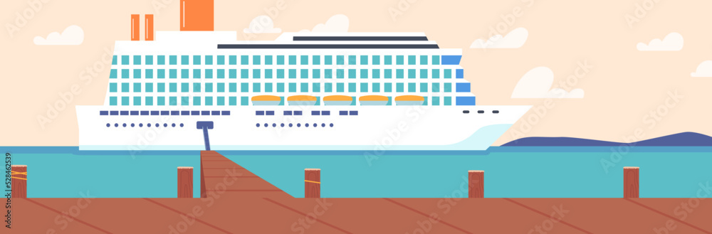 Yacht or Cruise Liner In Ocean, Modern Ship, Luxury Sailboat With Portholes Moored In Sea Harbor with Wooden Pier