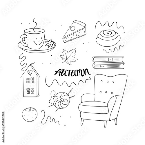 A cozy fall set of items for the home. Vector black and white illustration of a chair, lamps, knitting, tea, sweets and books drawn in doodle style