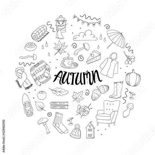 Autumn set of elements isolated on a white doodle style background. Vector illustration of plant elements, clothing items, sweets, tea and household items
