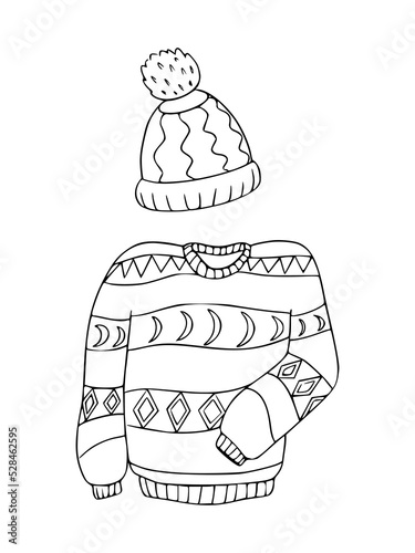 Sweater and cap with pompom vector illustration in doodle style. 
