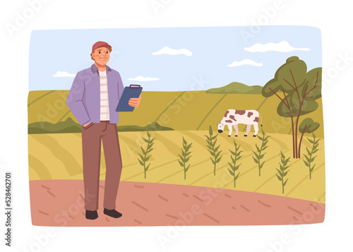 Agriculture business, man with checklist controlling and monitoring farm growth and production. Innovations on field. Vector in flat style, flat cartoon character