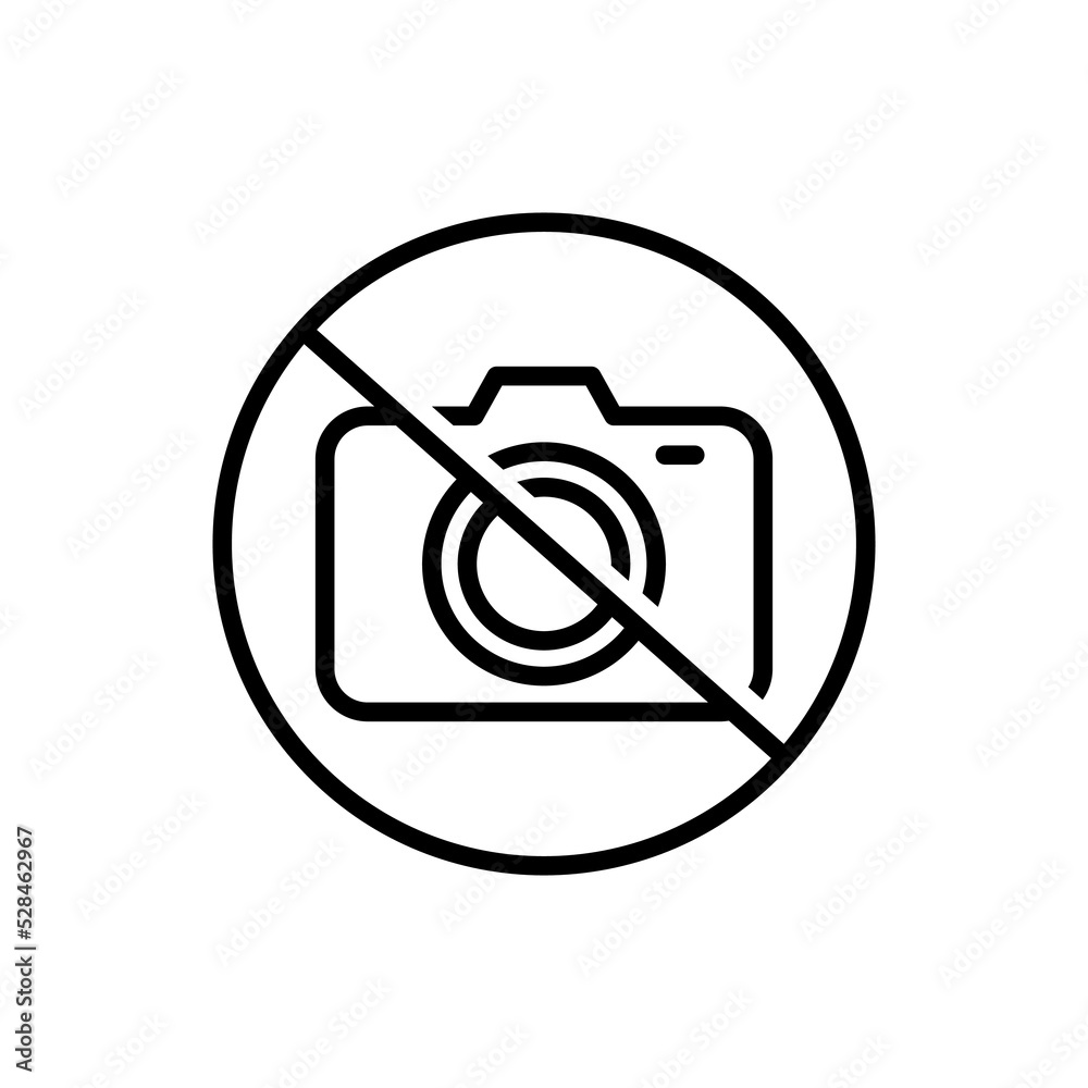 No photography, No camera sign, Taking pictures not allowed, Prohibition symbol sticker for area places, Isolated on white background, Thin line design vector illustration No photography, No camera sign, Taking pictures not allowed, Prohibition symbol sticker for area places, Isolated on white background, Thin line design vector illustration