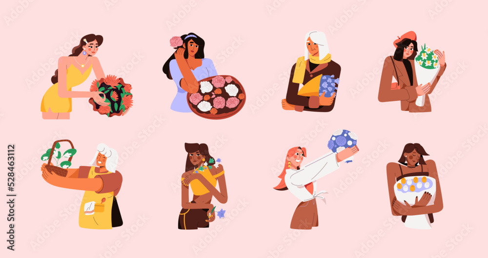 Girls with flower bouquets set. Happy women holding floral bunches, posies. Excited female characters, florists with garden and field blooms gifts in hands. Isolated flat graphic vector illustrations