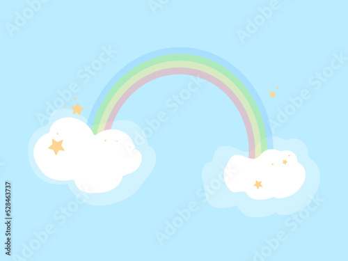 Rainbow, clouds and stars on blue background. Vector image for card or promotion.