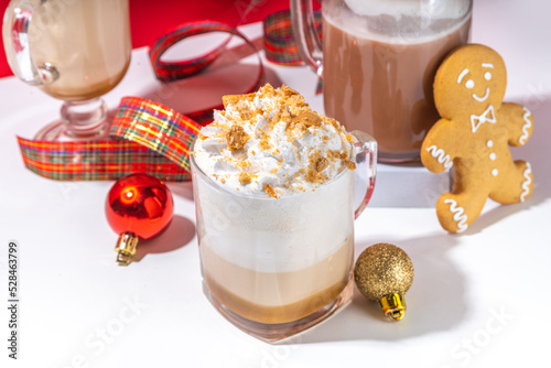 Autumn winter coffee latte set, coffee drink assortment with various topping - gingerbread caramel, mocha chocolate, candy cane peppermint latte, trendy bright high-colored red and white background