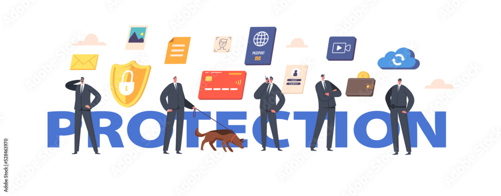Privacy, Data Protection in Internet, Virtual Private Network Concept. Guards Characters with Dog, Shield and Lock
