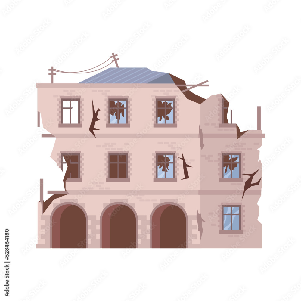 Demolished multi story building and residential house, destroyed home and architectural construction and sight. City, town, or metropolis with damage done. Vector illustration