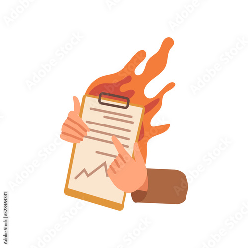 Deadline and troubles at work, isolated urgent work to do. Report with charts and diagrams analysis in fire, Burning paper conflict with manager. Vector in flat style