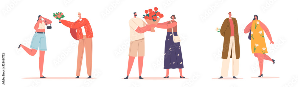 Young Couples Dating, Meet Up. Men Giving Bouquets to Girls. Boyfriend with Beautiful Flowers. Love, Human Relations Young Couples Dating, Meet Up. Men Giving Bouquets to Girls. Boyfriend with Beautiful Flowers. Love, Human Relations