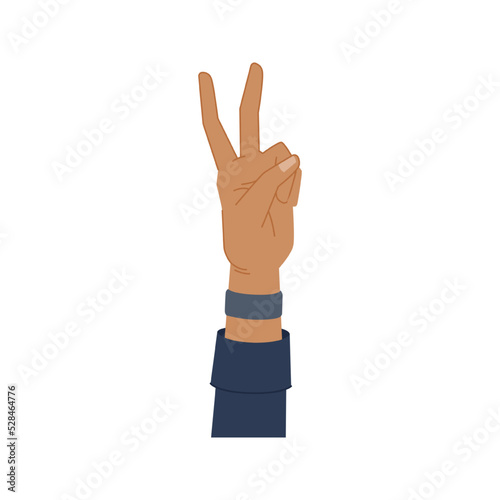 Two fingers showing v flat cartoon vector illustration. Victory or peace nonverbal body language communication sign, caucasian arm gesturing showing 2, count signal of second number