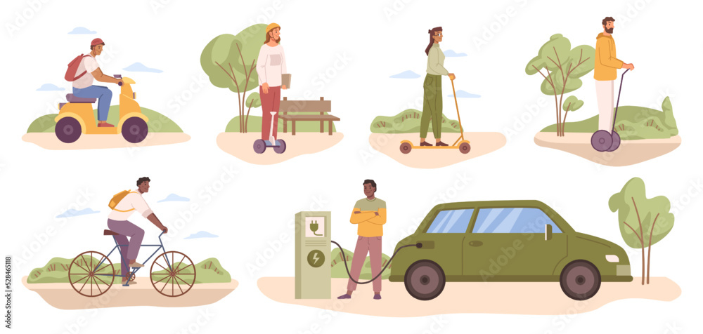 Electric cars and scooters, gyro board and bicycle. People using ecologically friendly transport for commuting. Men and woman on sustainable vehicles. Vector in flat style
