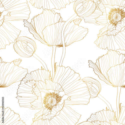 Golden line poppy floral summer seamless pattern. Hand drawn line texture blossom petals. Field poppy flower wrapper print design. 