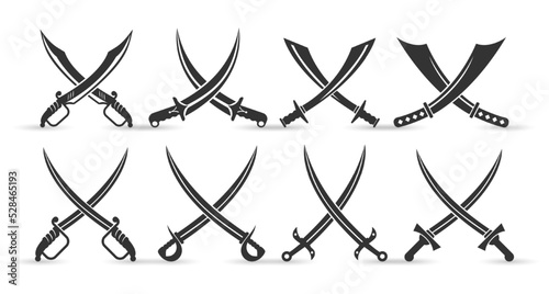 set of sword icons or logo elements with x shape, silhouette illustration vector