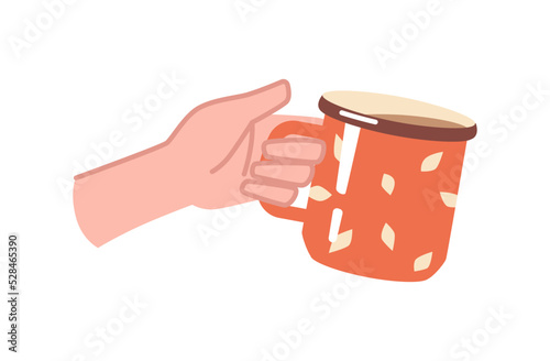 Hot beverage in metal mug, vintage cup in hand of caucasian person. Vector latte or americano drink, aroma morning espresso, tea or coffee on breakfast in flat cartoon style