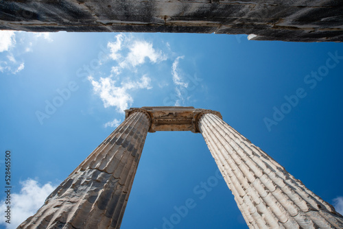 preserved columns of the antique temple of Apollo in Didim antique city, Turkey, Mugla