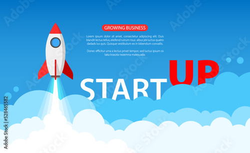 Startup business concept design background.  Rocket launch flat illustration. Idea technology spaceship. Success start up company. EPS10