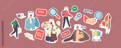 Set of Stickers Characters Shopping in Mall with Security Camera Surveillance Cctv System. Store Visitors Identification