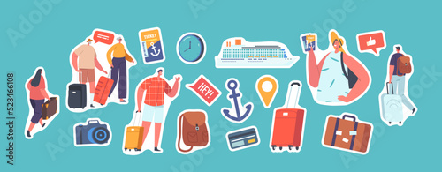 Set of Stickers People Summer Journey On Nautical Vessel. People Boarding On Cruise Liner Deck. Characters with Luggage