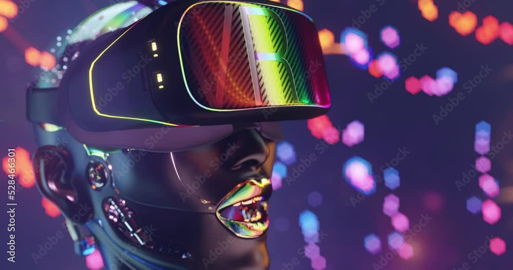 VR goggles headset on a robo-girls head , Cybernetic Technology artificial intelligence inside digital metaverse environment over Sci-fi glowing background