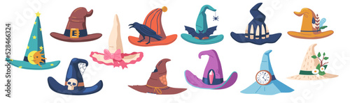 Set Of Witch Hats, Wizard Headwear Icons, Traditional Magician Caps Decorated With Spider Web, Stripes, Stars, Clock