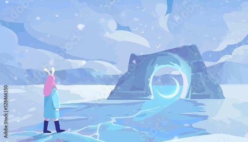 alone anime girl in frozen lake digital art, painting, 3d illustration