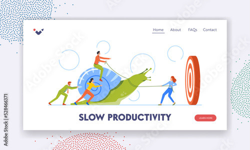 Slow Productivity Landing Page Template. Unproductive Business Progress, Laziness at Work. Characters Riding Snail