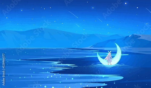 anime girl sitting on fallen moon in the sea beach digital art  painting  3d illustration