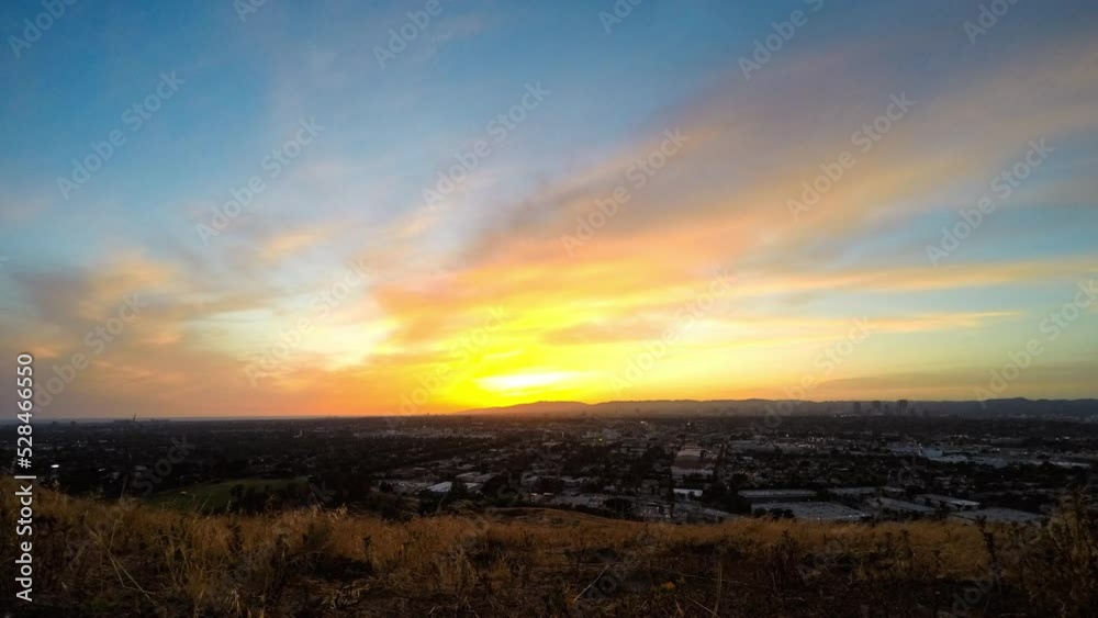 Aerial Lime Lapse Lockdown Beautiful View Of Residential City Under Cloudy Sky During Sunset To Dusk - Los Angeles, California