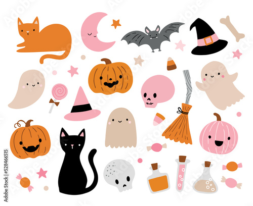 Pink Halloween. Cute hand drawn illustrations in retro colors including ghosts, cats, bats, pumpkins, candy. Fun halloween elements for kids. © mgdrachal
