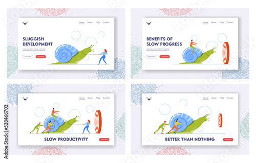Slow Productivity Landing Page Template Set. Unproductive Business Progress, Laziness at Work. Business Characters Snail