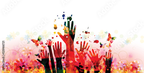 Hands raised on floral background in pink colors. Poster with arms up and butterflies for live concert events, music festivals and shows, clubbing and nightlife. Party flyer. Vector illustration.