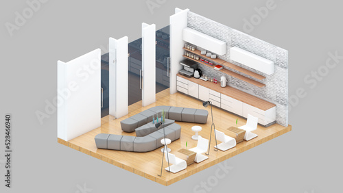 Fototapeta Naklejka Na Ścianę i Meble -  Isometric view of a pantry and waiting area,office space, 3d rendering.