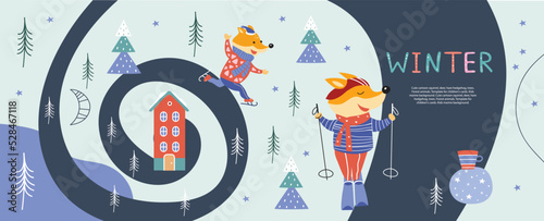 Cute cartoon foxes, houses and winter accessories. Winter sports. Skiing and skating.