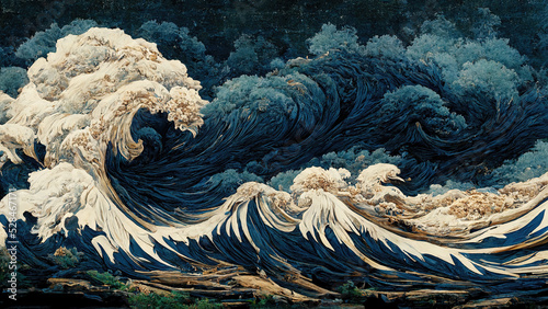 Photo Japanese illustration of great ocean waves as wallpaper