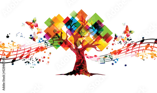 Relaxing music concept with tree and musical notes isolated vector illustration. Calming colorful musical design, nature inspired with musical staff and butterflies	