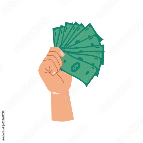 Green dollar banknotes in hand, isolated palm with paper money for paying. Giving loan, saving financial assets or exchanging, wealthy person with cash. Flat cartoon style vector illustration
