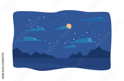 Countryside starry sky with celestial bodies, full moon and clouds. Mountains and lake, park scenery of pristine nature. Hill to observe milky way and planets. Vector in flat style