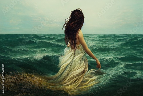 Photo Beautiful Woman Emerging From The Sea - Digital 3d Illustration AI Art - Water, Waves,