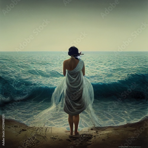 Foto Beautiful Woman Emerging From The Sea - Digital 3d Illustration AI Art - Water, Waves,