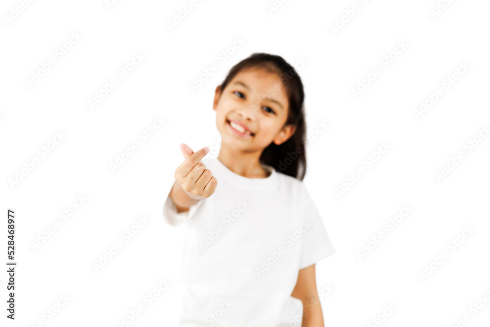 Young Asian girl showing mini heart sign isolated on white background with clipping path. Young Asian girl showing mini heart sign isolated on white background with clipping path.