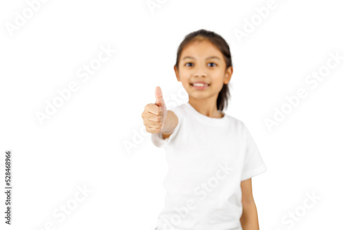 Young asia girl isolated on white background smiling and raising thumb up with clipping path.