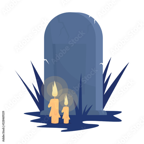 Gravestone with candles semi flat color vector object. Full sized item on white. Cemetery. Spooky environment simple cartoon style illustration for web graphic design and animation