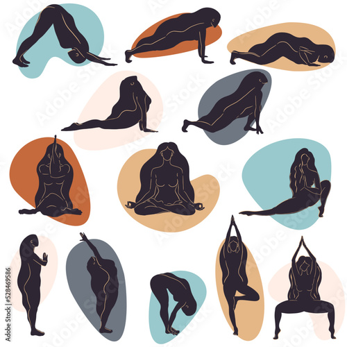 Vector illustrations of yoga, poses, yoga asanas, silhouettes of girls who do yoga