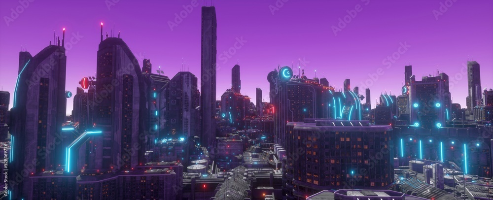 Neon futuristic city. Urban future. Purple neon night in a city of a ...