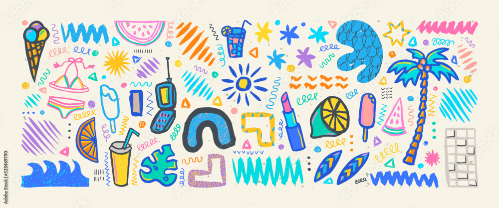 Hand drawn grunge doodles set. Big collection of abstract modern elements and shapes. Tropical vacation. Palm tree, watermelon, bikini, fruits, ice cream.