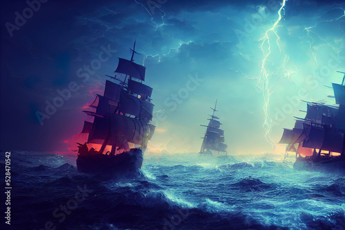 Canvastavla Pirate ships fighting during a storm.