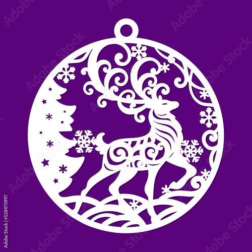 Template for laser cutting of any materials. Christmas ball with a beautiful reindeer. For the design of Christmas tree decorations, Christmas toys, cards, etc. Vector.